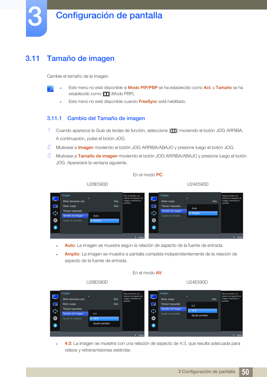 Samsung LU24E590DS/EN, LU28E590DS/EN manual Cambio del Tamaño de imagen 