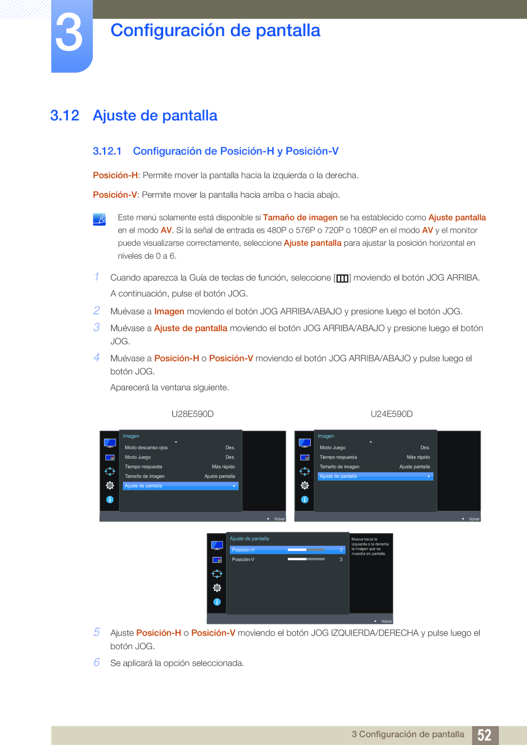 Samsung LU24E590DS/EN, LU28E590DS/EN manual Ajuste de pantalla, Configuración de Posición-H y Posición-V 