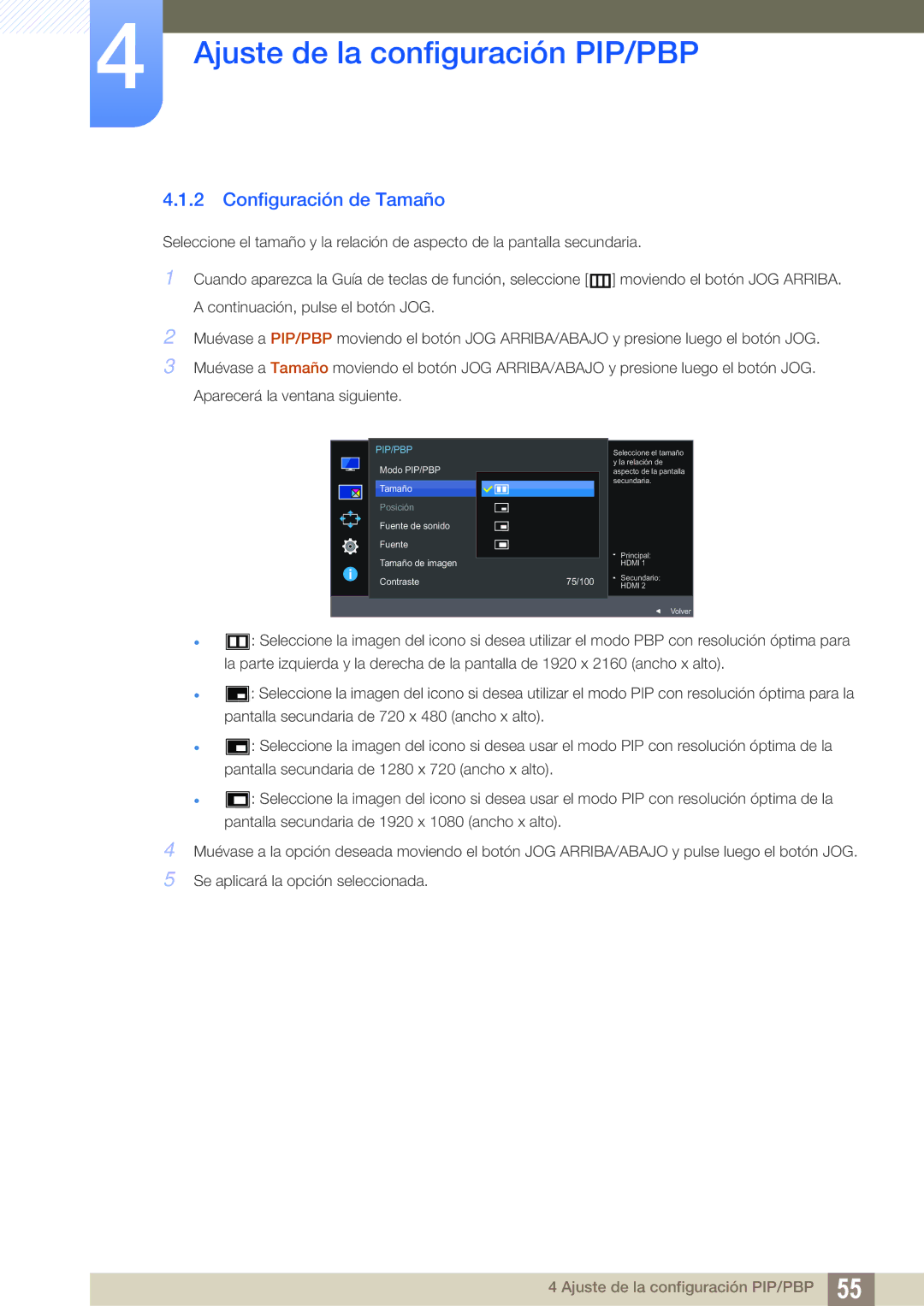 Samsung LU28E590DS/EN, LU24E590DS/EN manual Configuración de Tamaño, Fuente de sonido Tamaño de imagen Contraste 