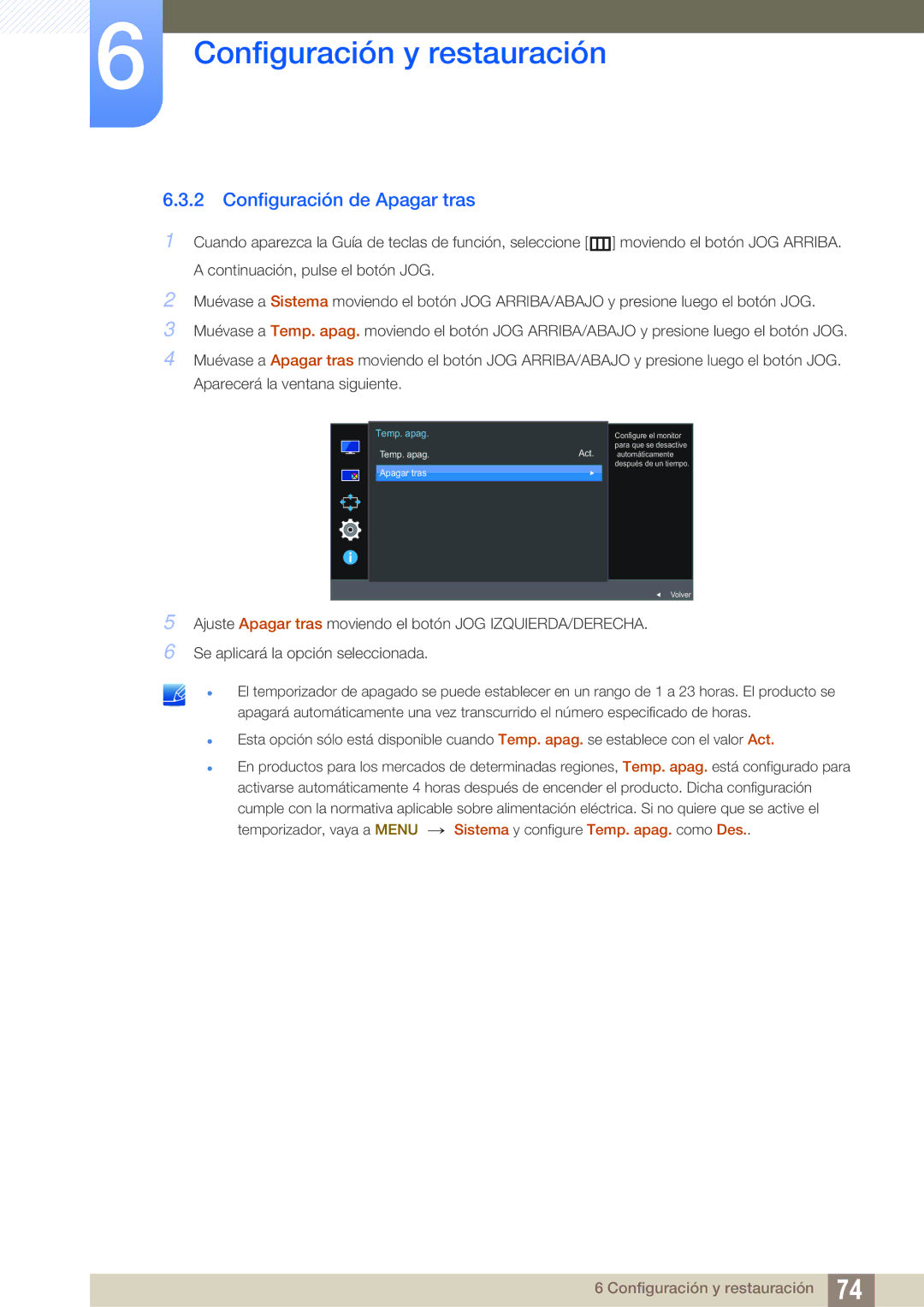 Samsung LU24E590DS/EN, LU28E590DS/EN manual Configuración de Apagar tras, Temp. apag 