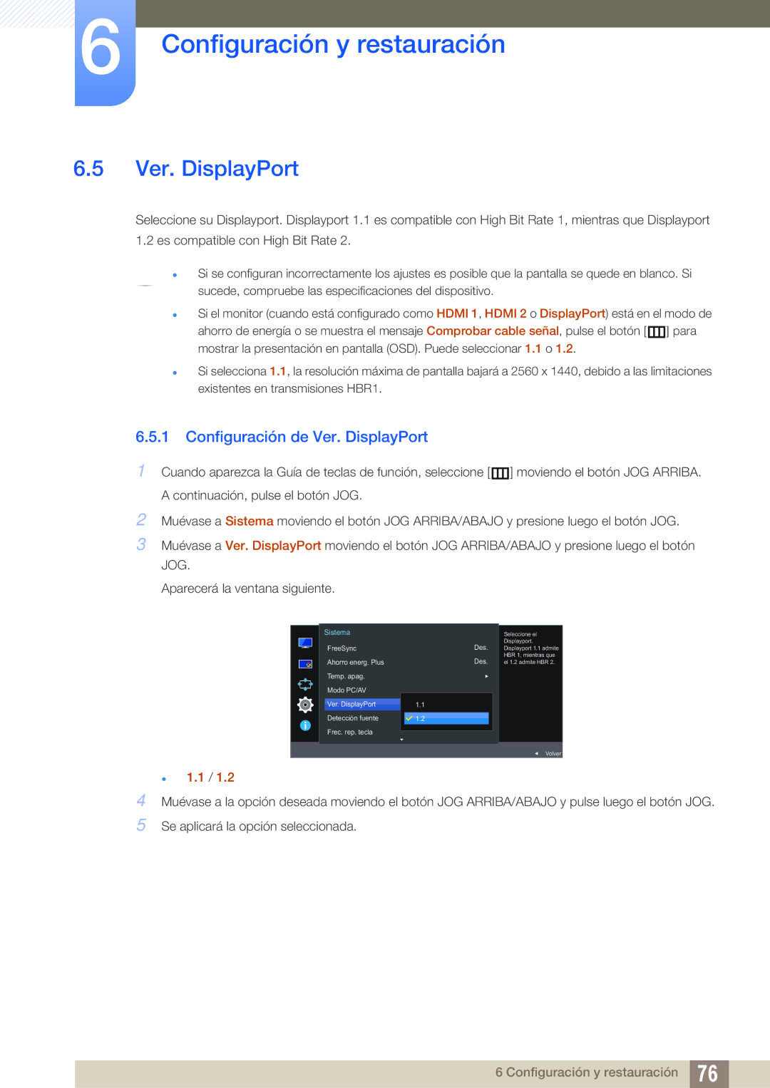 Samsung LU24E590DS/EN, LU28E590DS/EN manual Configuración de Ver. DisplayPort,  1.1 