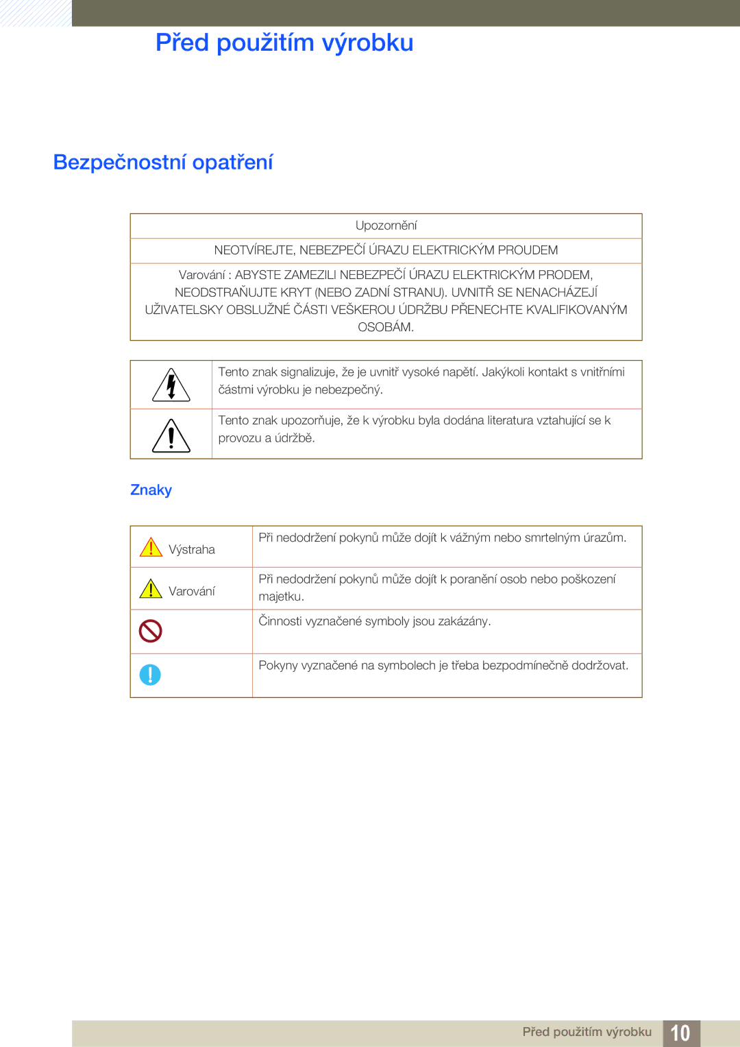 Samsung LU24E590DS/EN, LU28E590DS/EN manual Bezpečnostní opatření, Znaky 