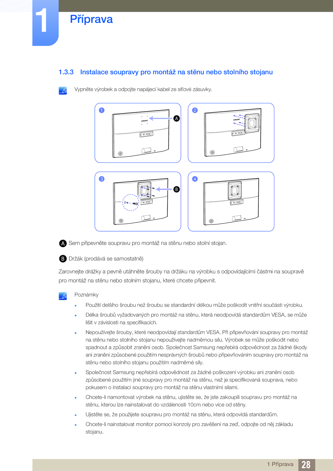 Samsung LU24E590DS/EN, LU28E590DS/EN manual Instalace soupravy pro montáž na stěnu nebo stolního stojanu 