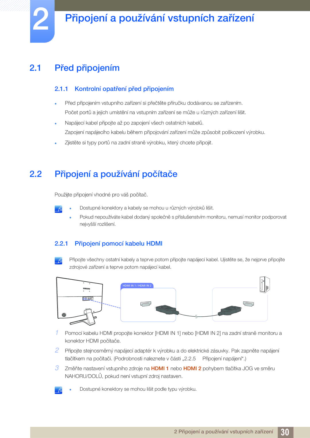 Samsung LU24E590DS/EN manual Připojení a používání vstupních zařízení, Před připojením, Připojení a používání počítače 