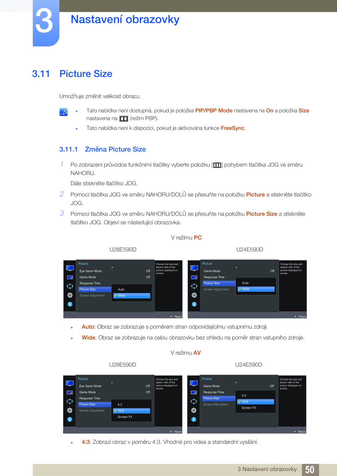 Samsung LU24E590DS/EN, LU28E590DS/EN manual 11.1 Změna Picture Size 