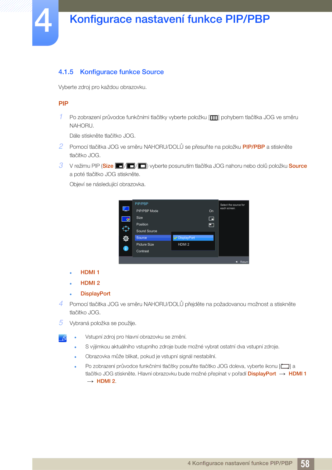 Samsung LU24E590DS/EN, LU28E590DS/EN manual Konfigurace funkce Source, Pip 