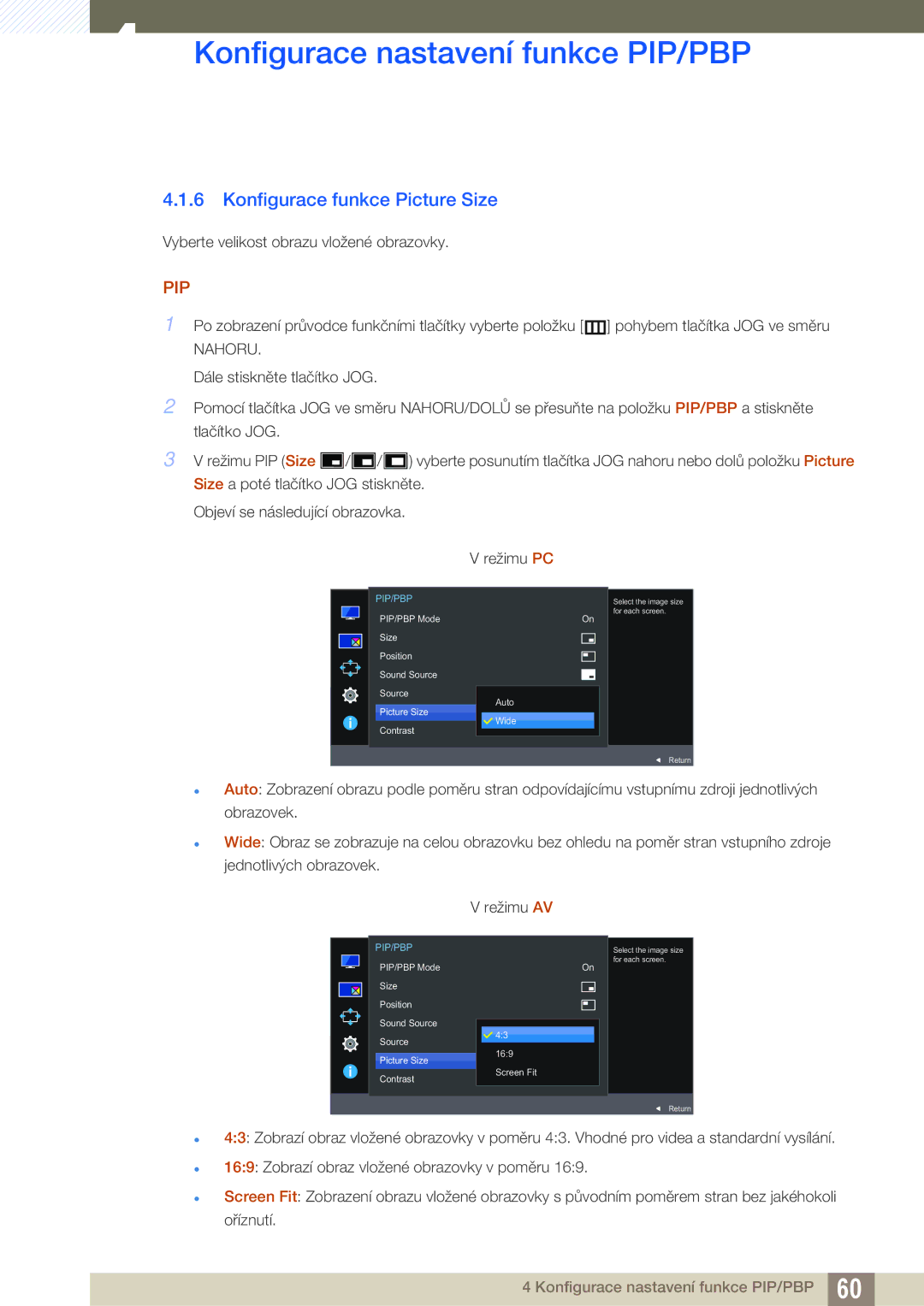 Samsung LU24E590DS/EN, LU28E590DS/EN manual Konfigurace funkce Picture Size 