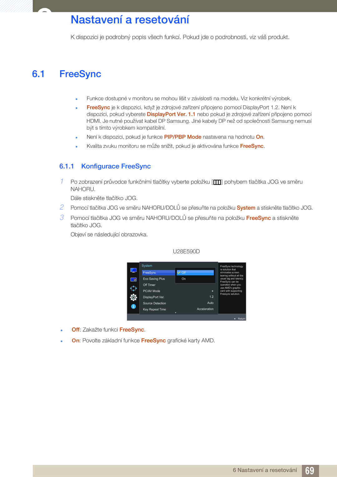 Samsung LU28E590DS/EN, LU24E590DS/EN manual Nastavení a resetování, Konfigurace FreeSync 