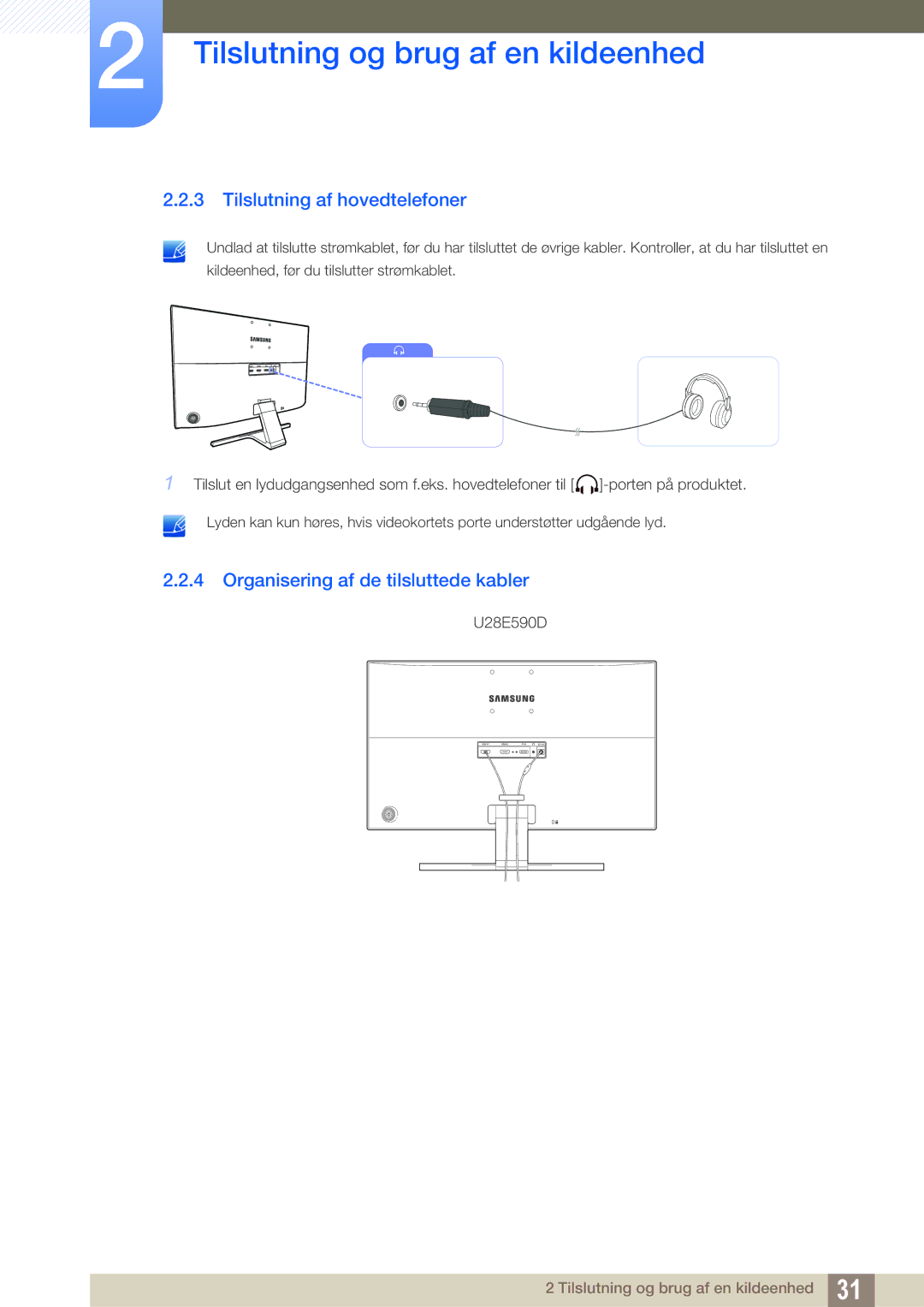 Samsung LU28E590DS/EN, LU24E590DS/EN manual Tilslutning af hovedtelefoner, Organisering af de tilsluttede kabler 