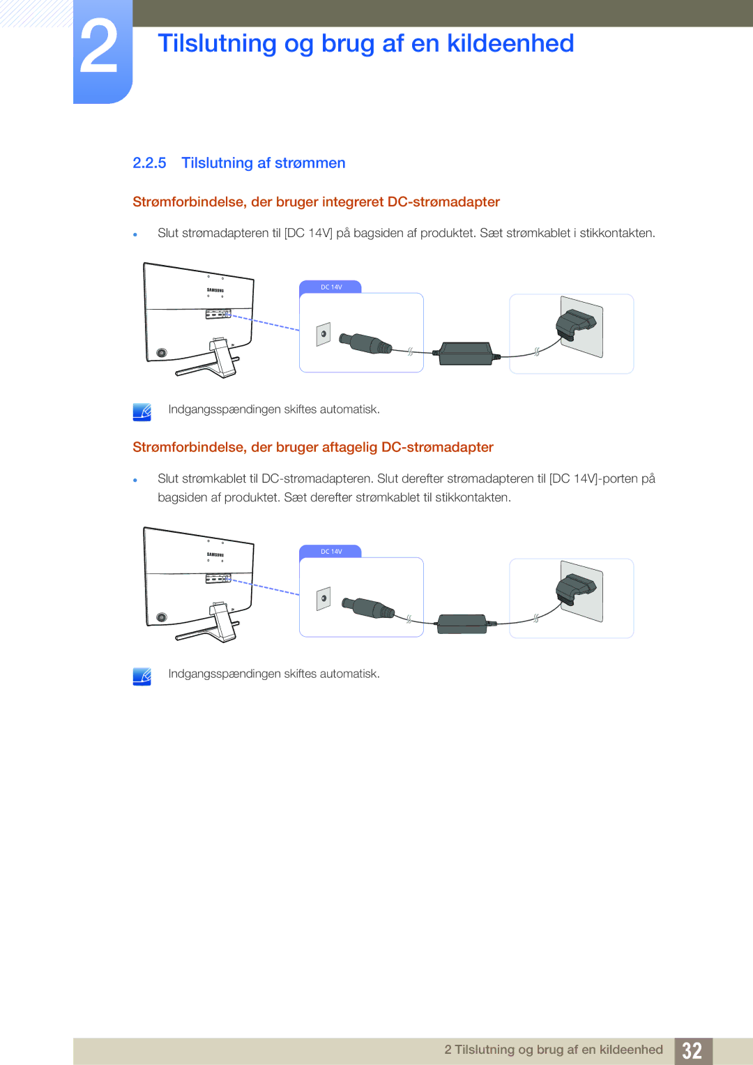 Samsung LU24E590DS/EN, LU28E590DS/EN manual Tilslutning af strømmen, Strømforbindelse, der bruger integreret DC-strømadapter 