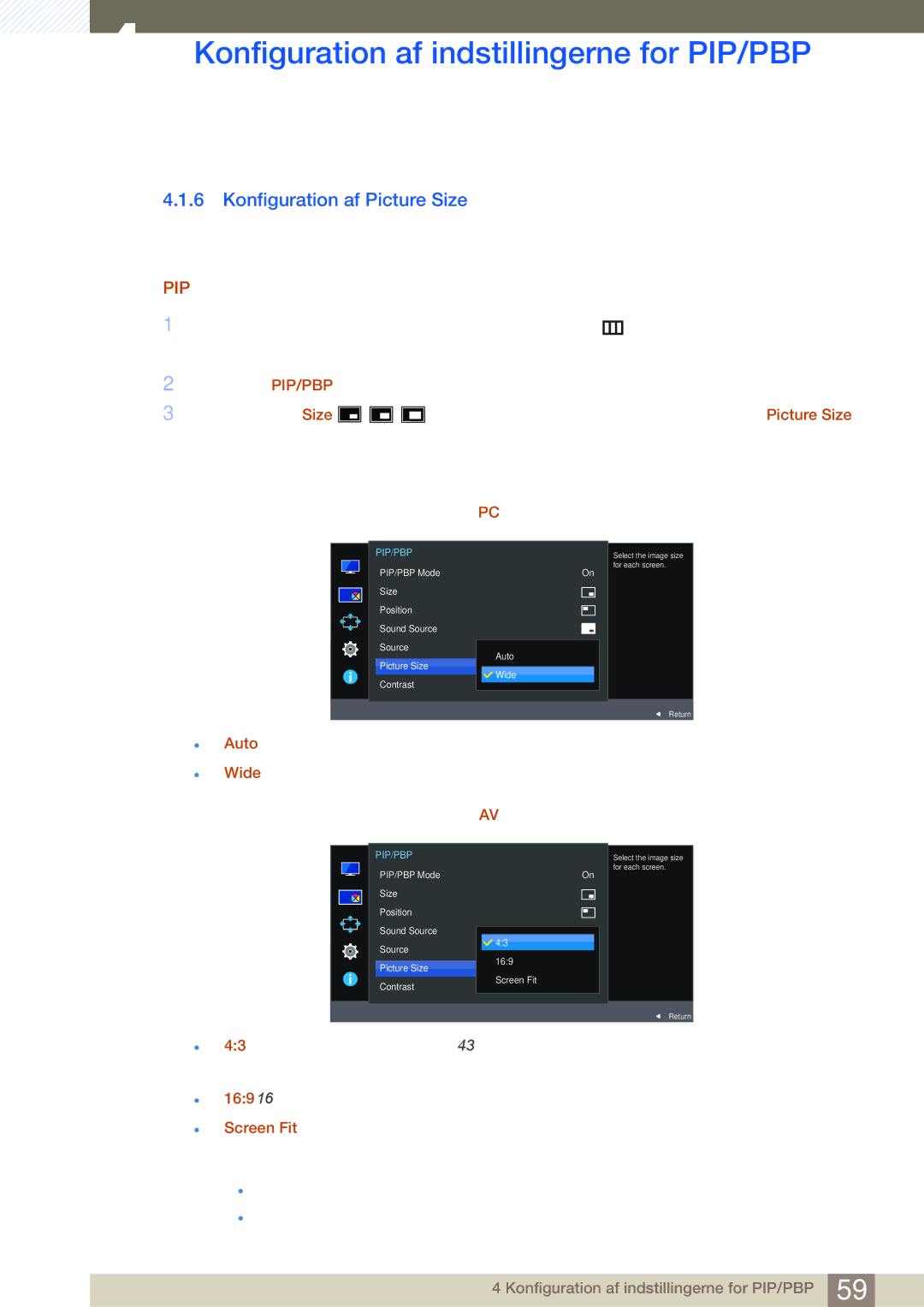 Samsung LU28E590DS/EN, LU24E590DS/EN manual Konfiguration af Picture Size 