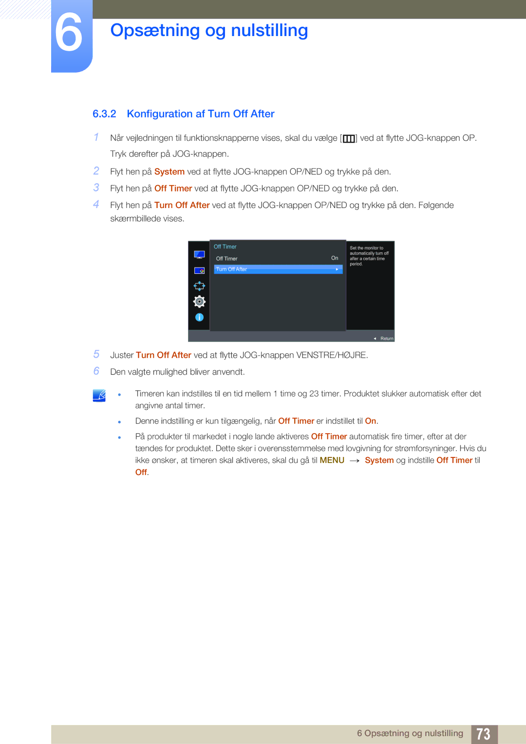 Samsung LU28E590DS/EN, LU24E590DS/EN manual Konfiguration af Turn Off After, Off Timer 