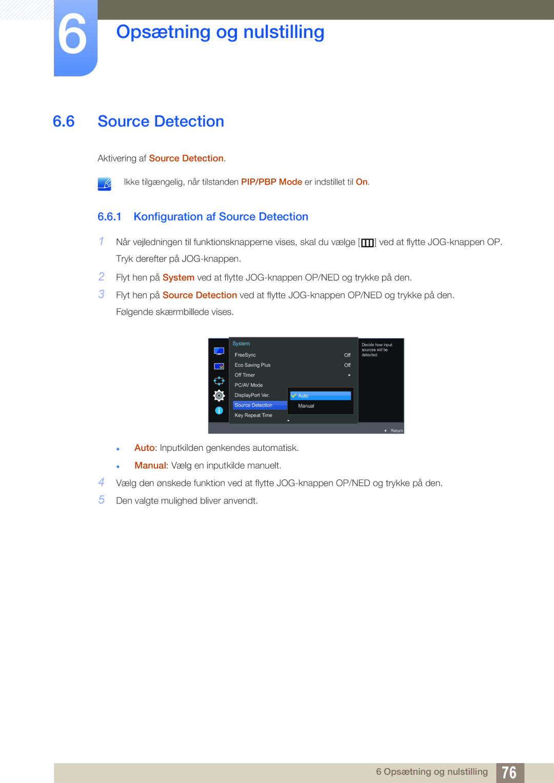 Samsung LU24E590DS/EN, LU28E590DS/EN manual Konfiguration af Source Detection 