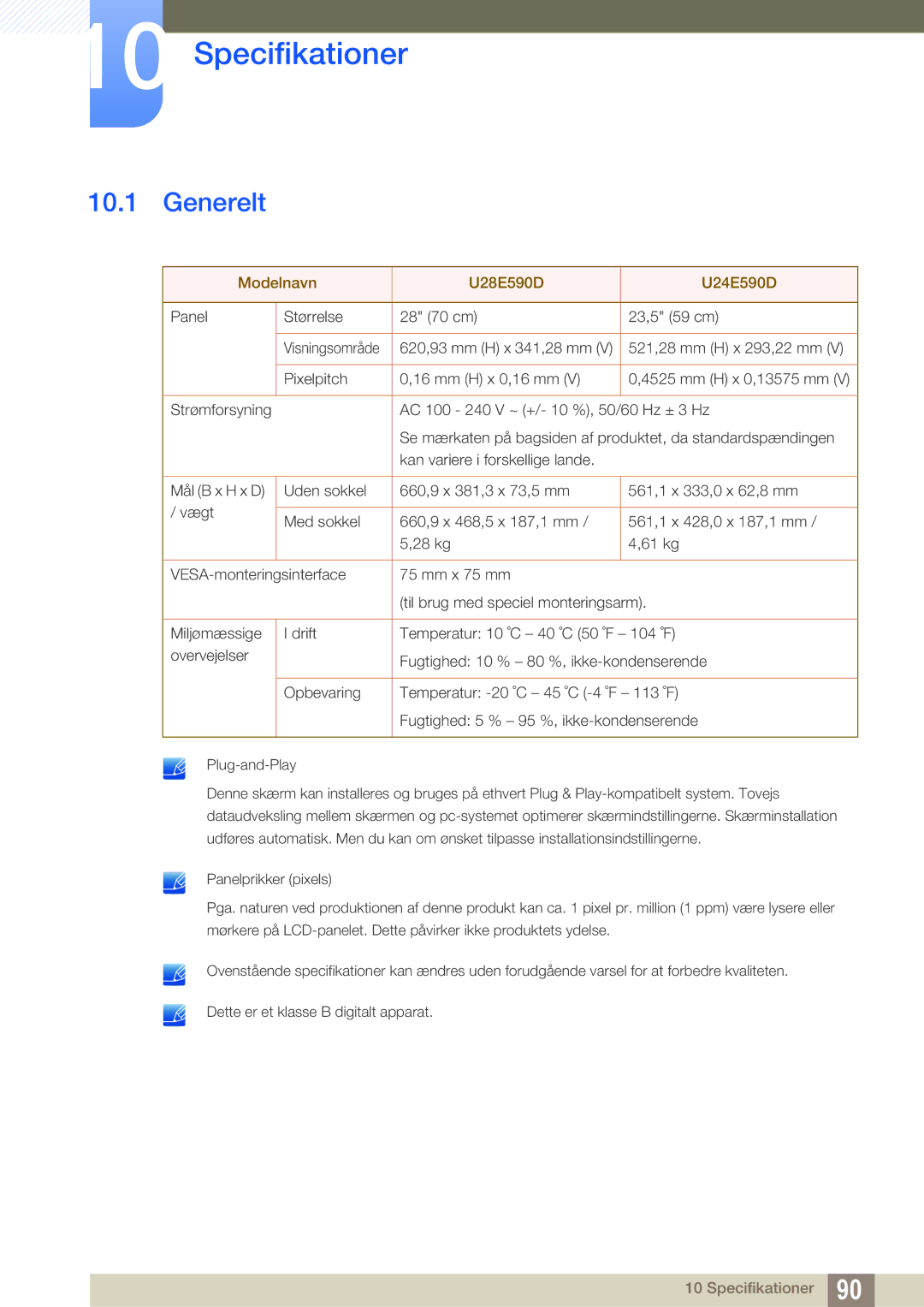 Samsung LU24E590DS/EN, LU28E590DS/EN manual Specifikationer, Generelt 