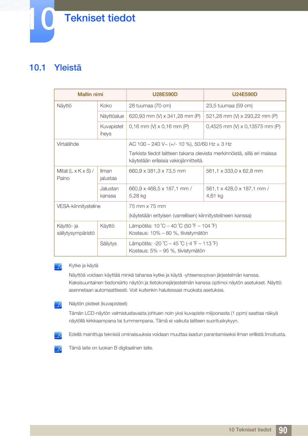 Samsung LU24E590DS/EN, LU28E590DS/EN manual Tekniset tiedot, Yleistä 