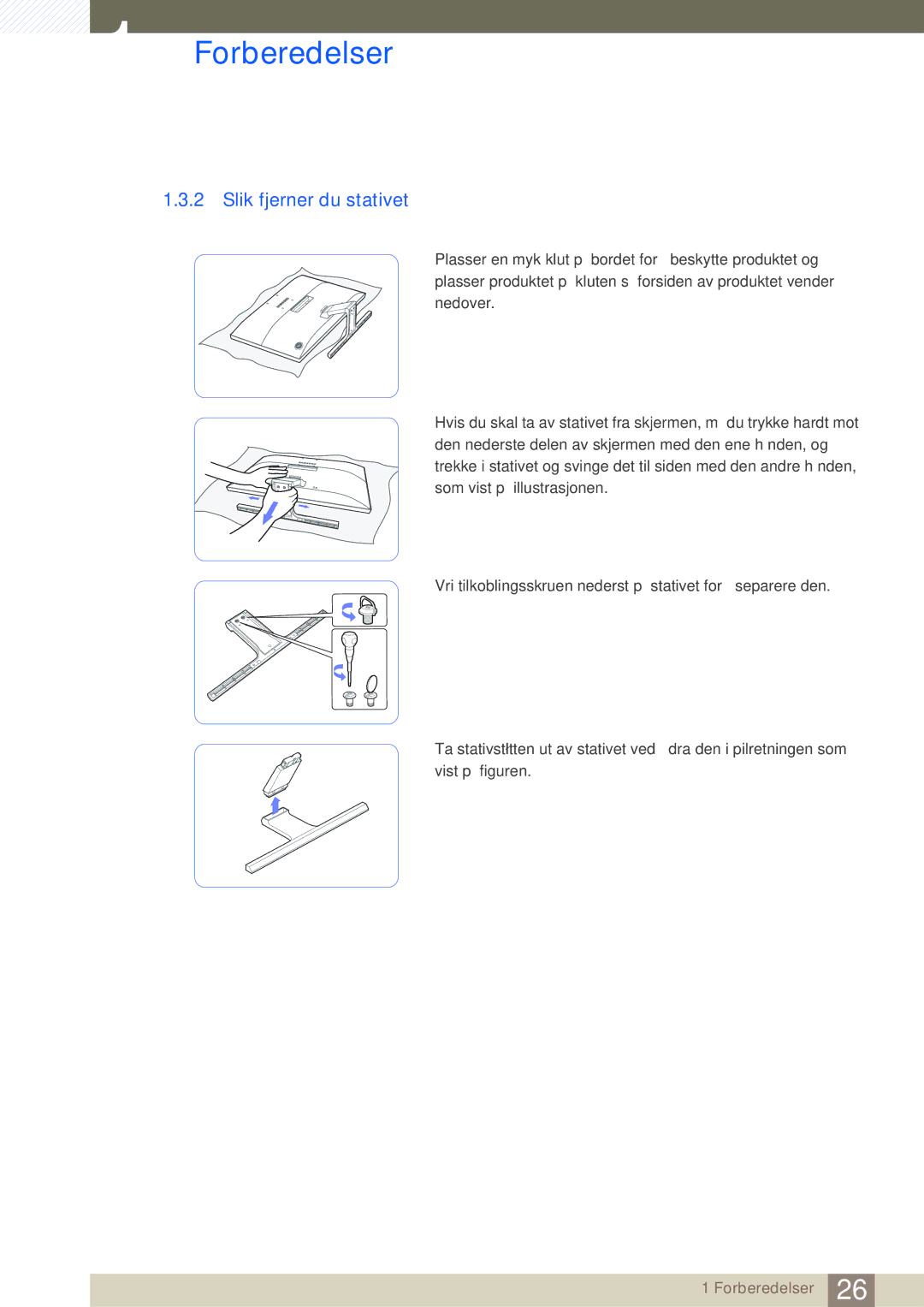 Samsung LU24E590DS/EN, LU28E590DS/EN manual Slik fjerner du stativet 