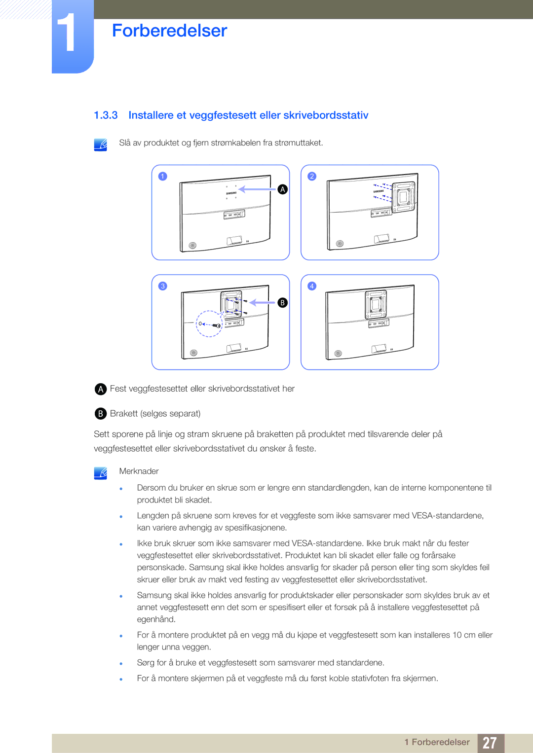 Samsung LU28E590DS/EN, LU24E590DS/EN manual Installere et veggfestesett eller skrivebordsstativ 