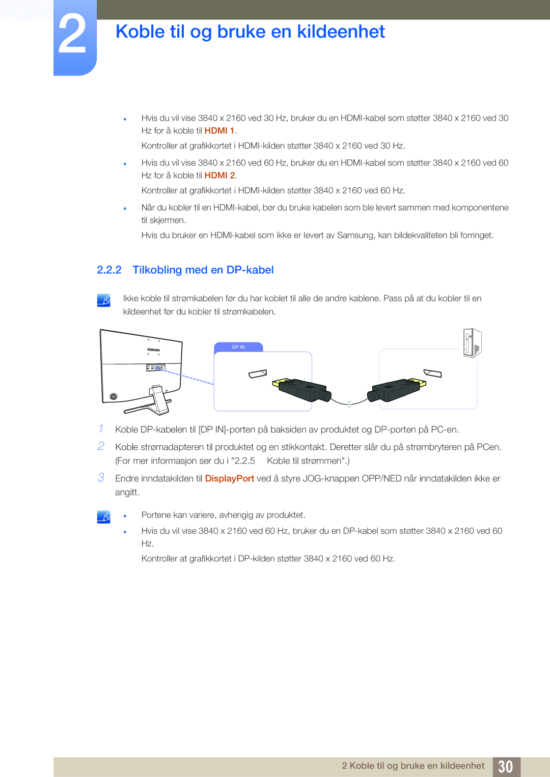 Samsung LU24E590DS/EN, LU28E590DS/EN manual Tilkobling med en DP-kabel 