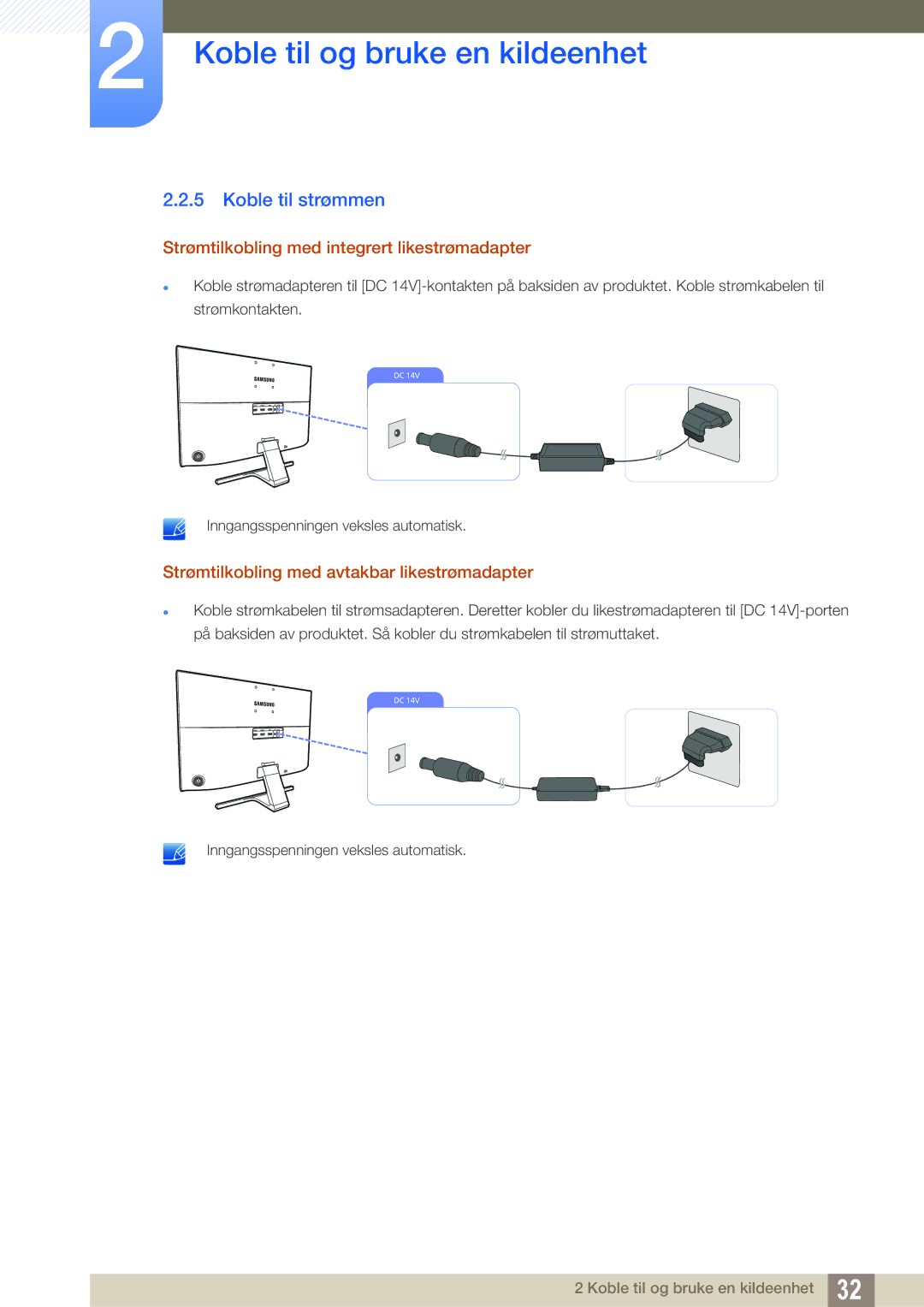 Samsung LU24E590DS/EN, LU28E590DS/EN manual Koble til strømmen, Strømtilkobling med integrert likestrømadapter 