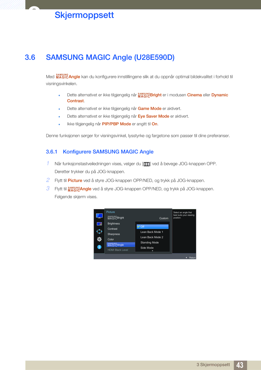 Samsung LU28E590DS/EN, LU24E590DS/EN manual Samsung Magic Angle U28E590D, Konfigurere Samsung Magic Angle 