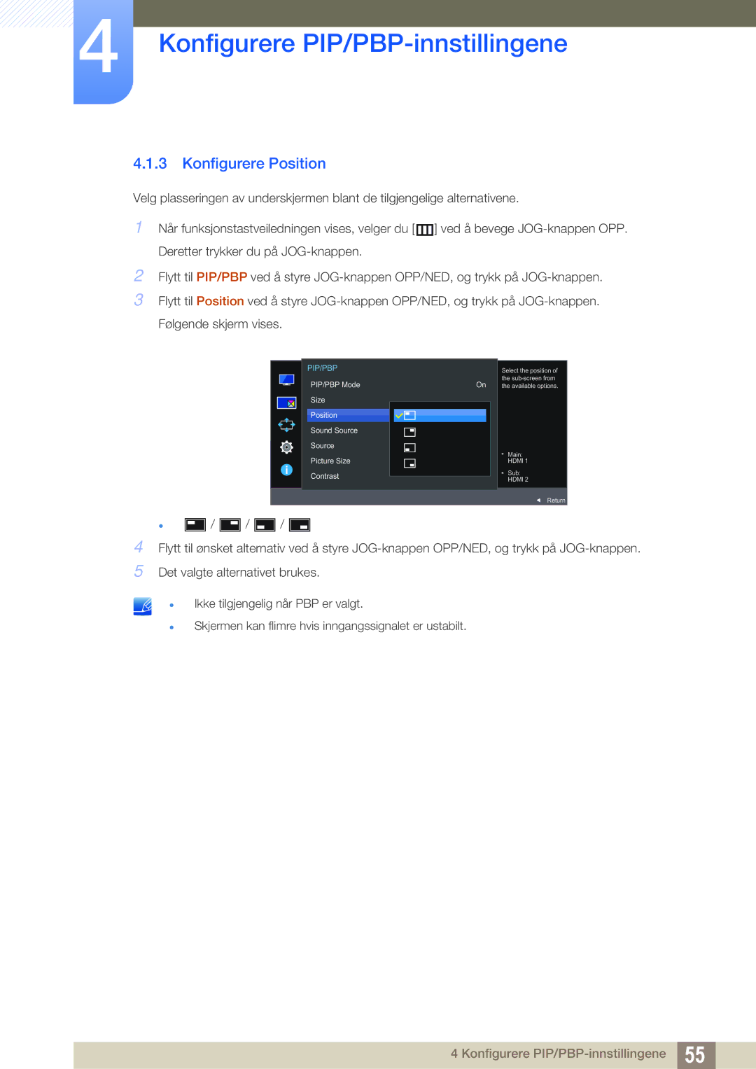 Samsung LU28E590DS/EN, LU24E590DS/EN manual Konfigurere Position 