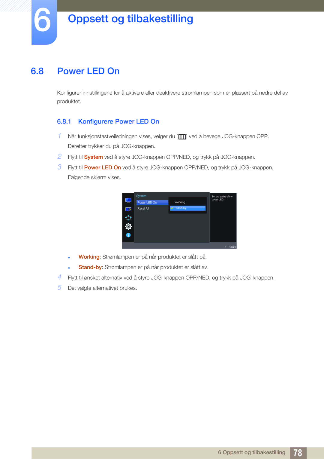 Samsung LU24E590DS/EN, LU28E590DS/EN manual Konfigurere Power LED On 