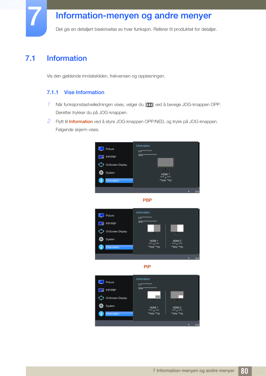 Samsung LU24E590DS/EN, LU28E590DS/EN manual Information-menyen og andre menyer, Vise Information 