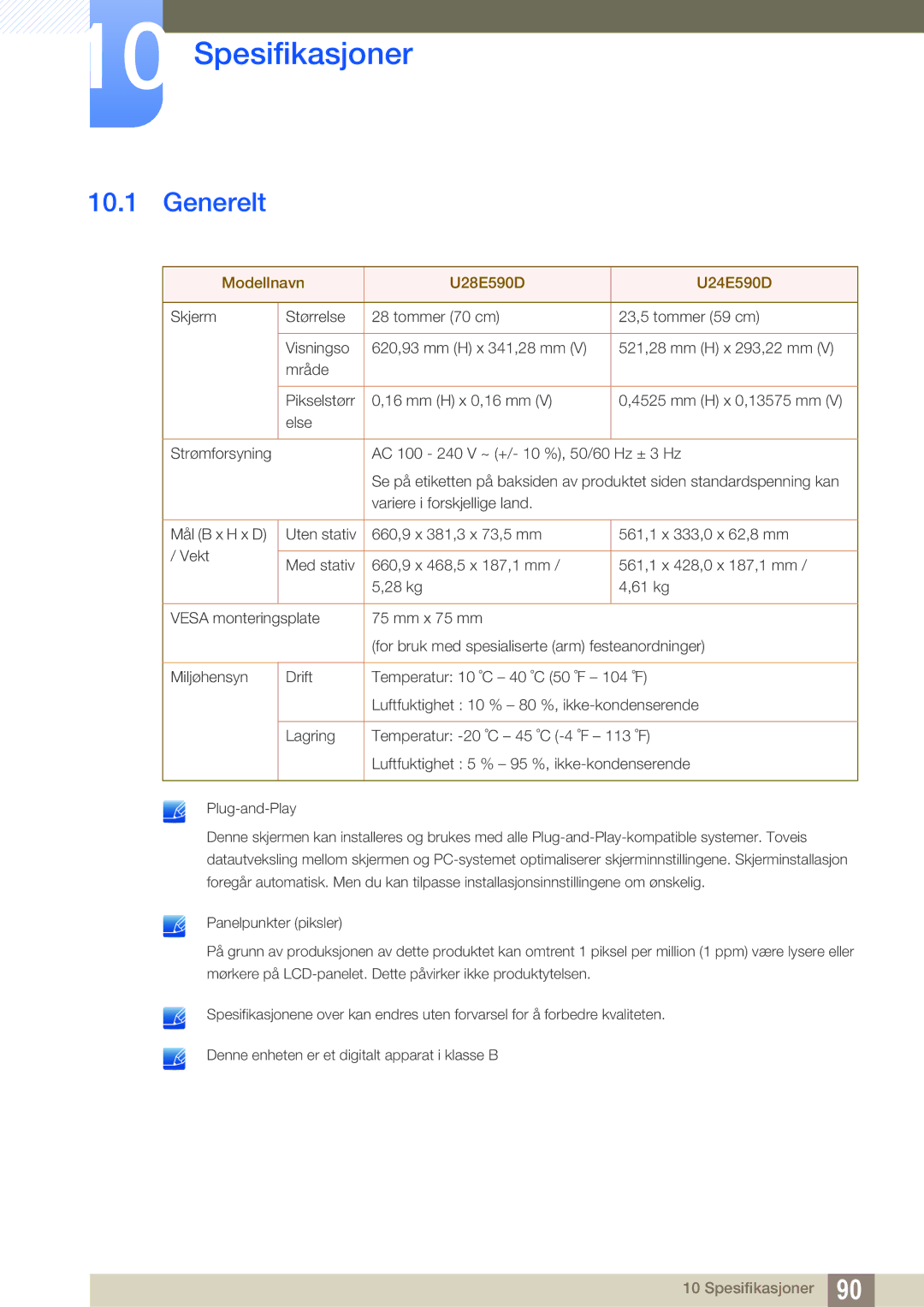 Samsung LU24E590DS/EN, LU28E590DS/EN manual Spesifikasjoner, Generelt 