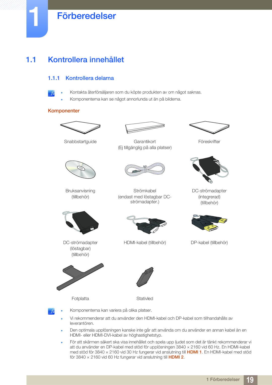 Samsung LU28E590DS/EN, LU24E590DS/EN manual Förberedelser, Kontrollera innehållet, Kontrollera delarna 