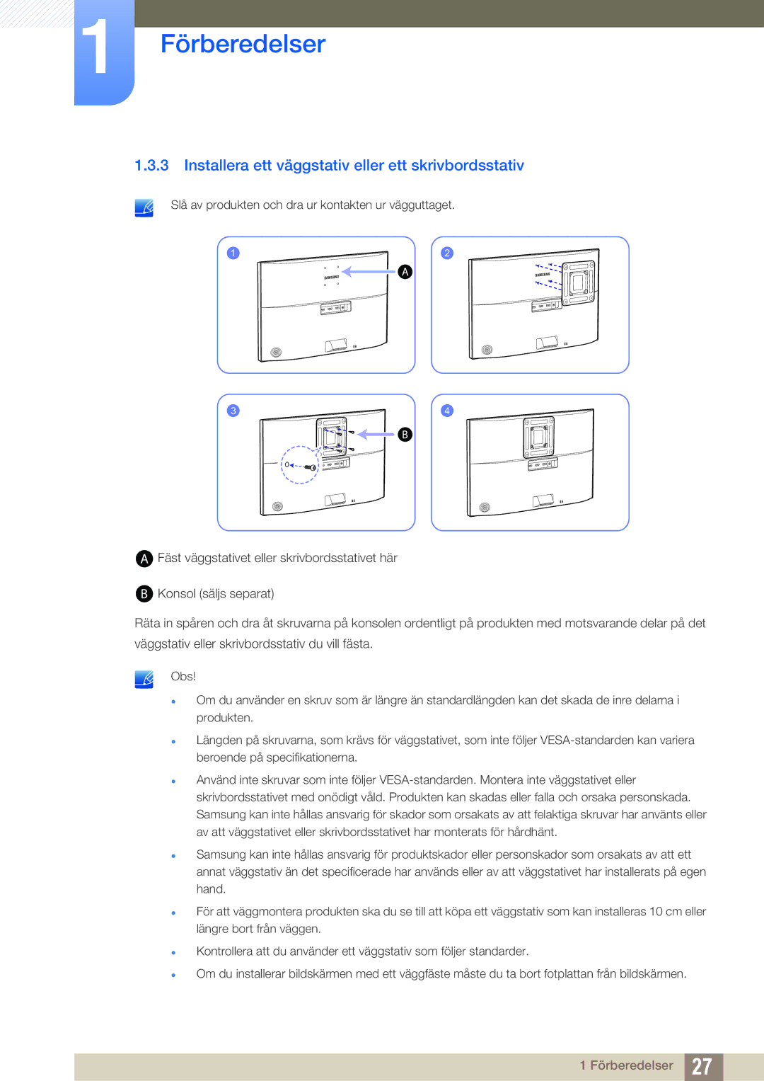 Samsung LU28E590DS/EN, LU24E590DS/EN manual Installera ett väggstativ eller ett skrivbordsstativ 