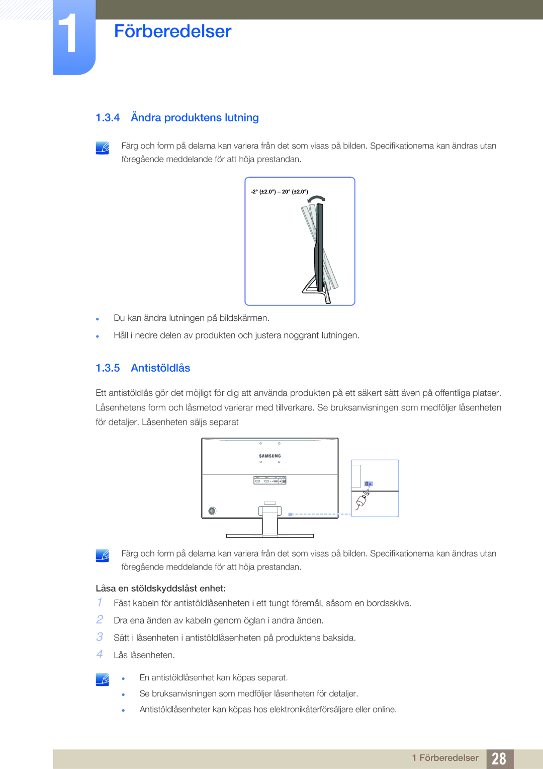 Samsung LU24E590DS/EN, LU28E590DS/EN manual 4 Ändra produktens lutning, Antistöldlås 