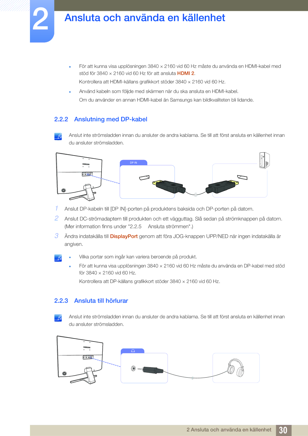 Samsung LU24E590DS/EN, LU28E590DS/EN manual Anslutning med DP-kabel, Ansluta till hörlurar 