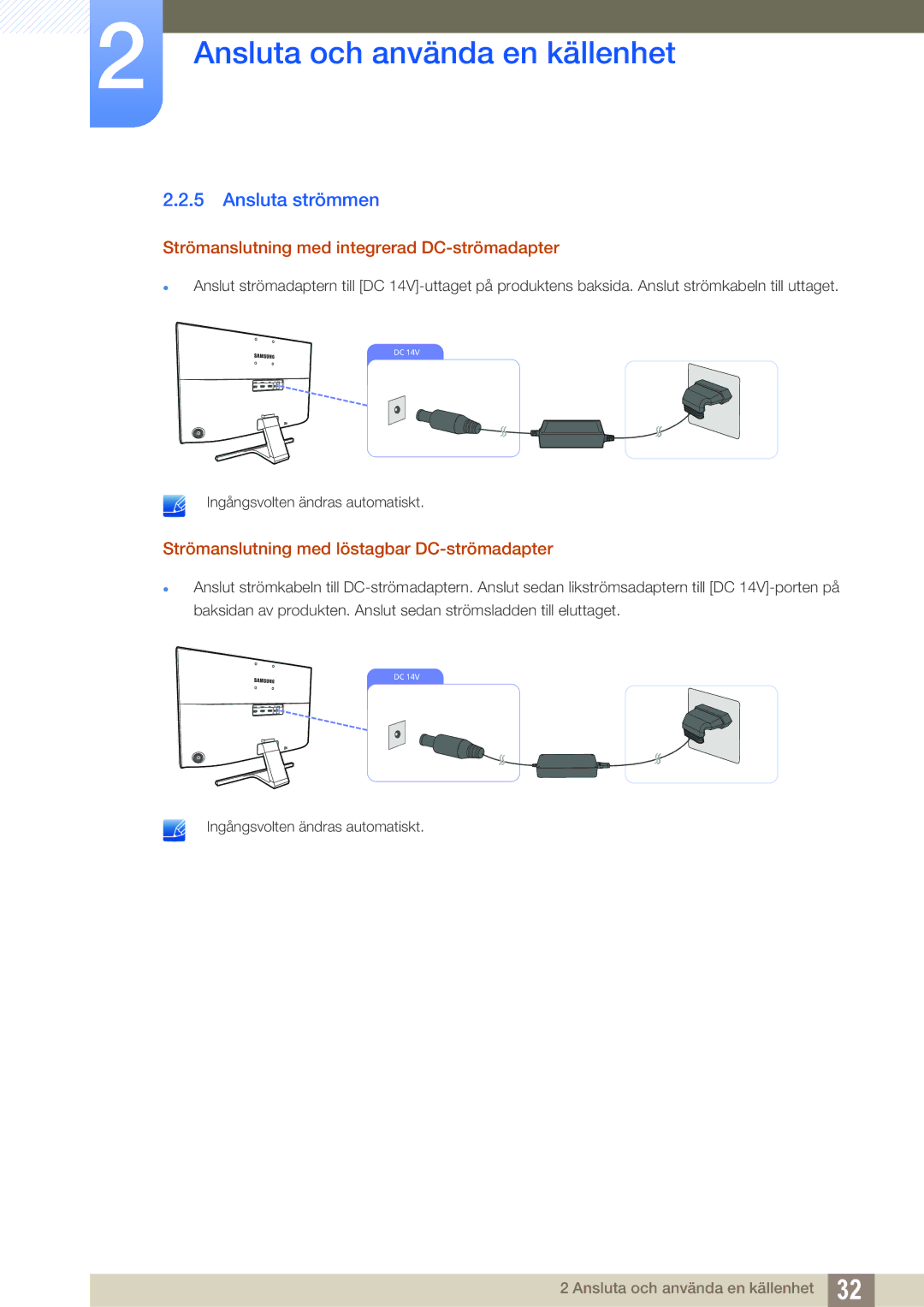 Samsung LU24E590DS/EN, LU28E590DS/EN manual Ansluta strömmen, Strömanslutning med integrerad DC-strömadapter 