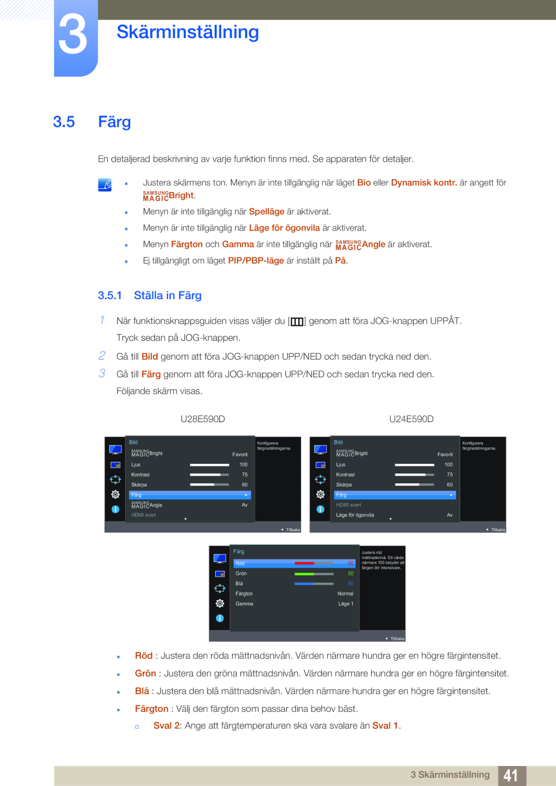 Samsung LU28E590DS/EN, LU24E590DS/EN manual 1 Ställa in Färg 