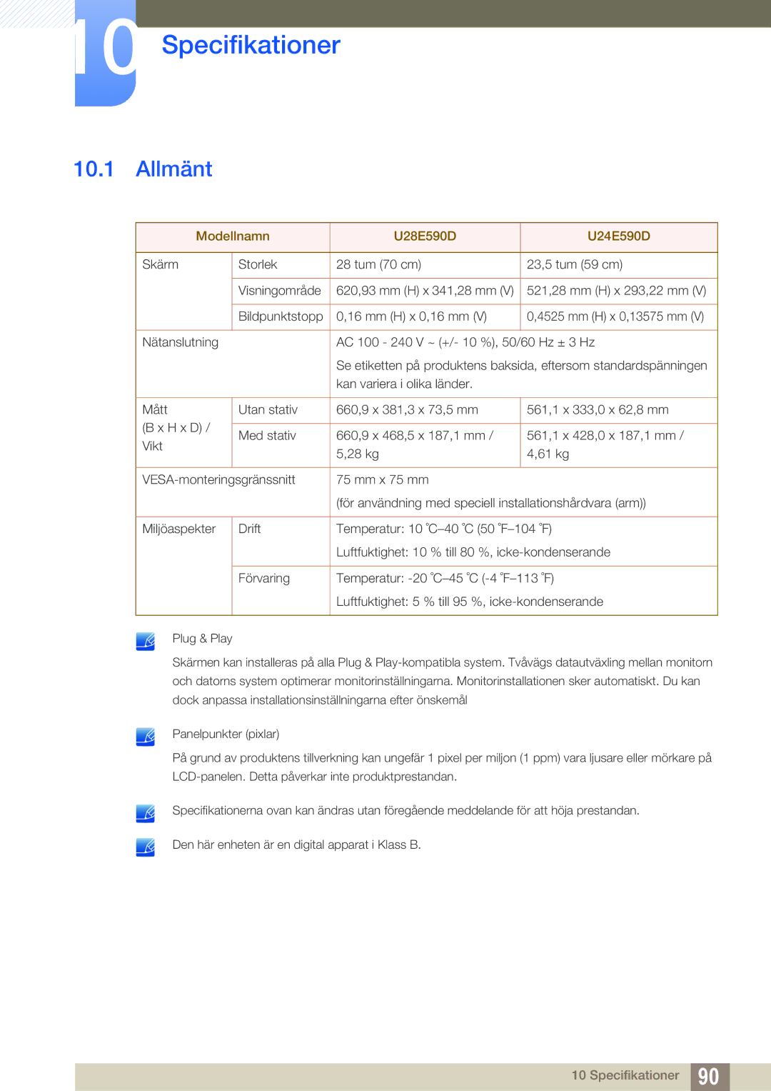 Samsung LU24E590DS/EN, LU28E590DS/EN manual Specifikationer, Allmänt 