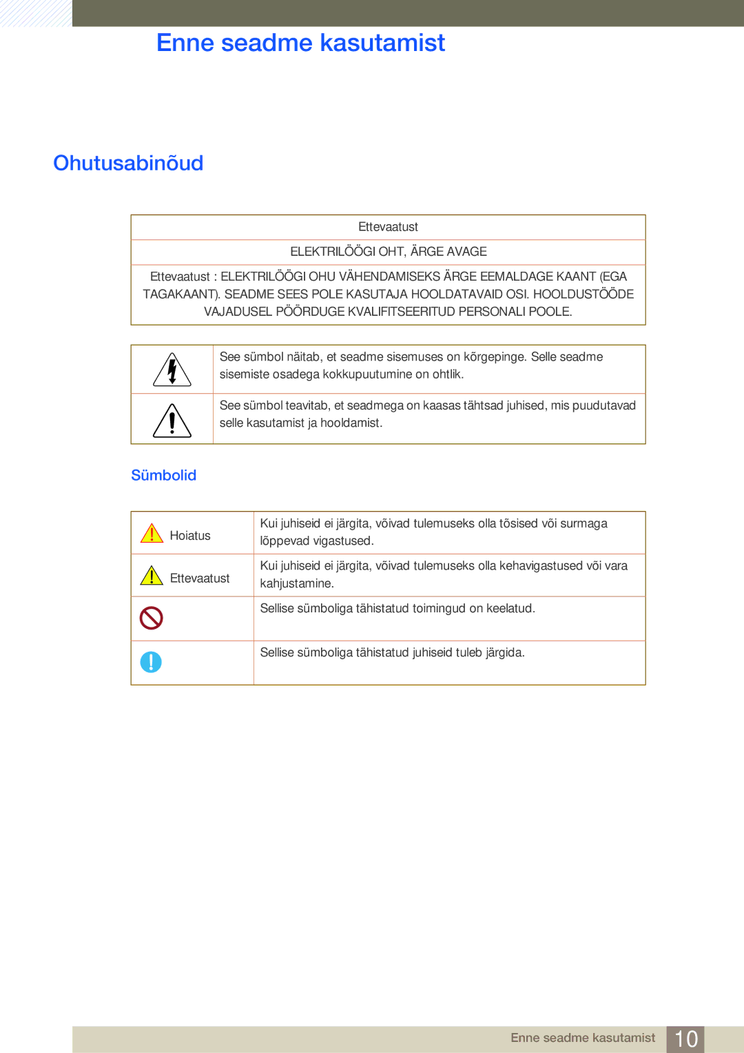 Samsung LU24E590DS/EN, LU28E590DS/EN manual Ohutusabinõud, Sümbolid 