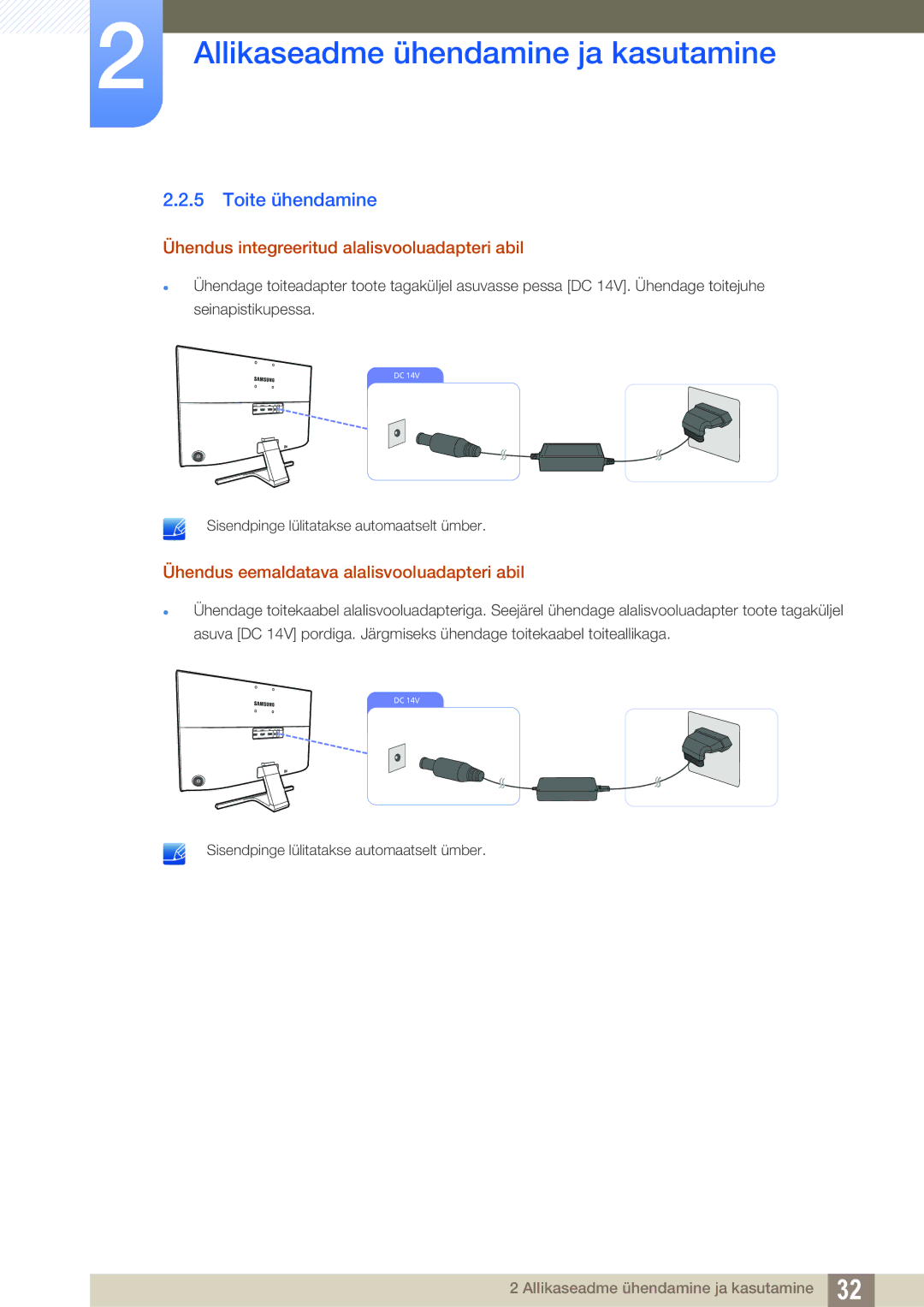 Samsung LU24E590DS/EN, LU28E590DS/EN manual Toite ühendamine, Ühendus integreeritud alalisvooluadapteri abil 