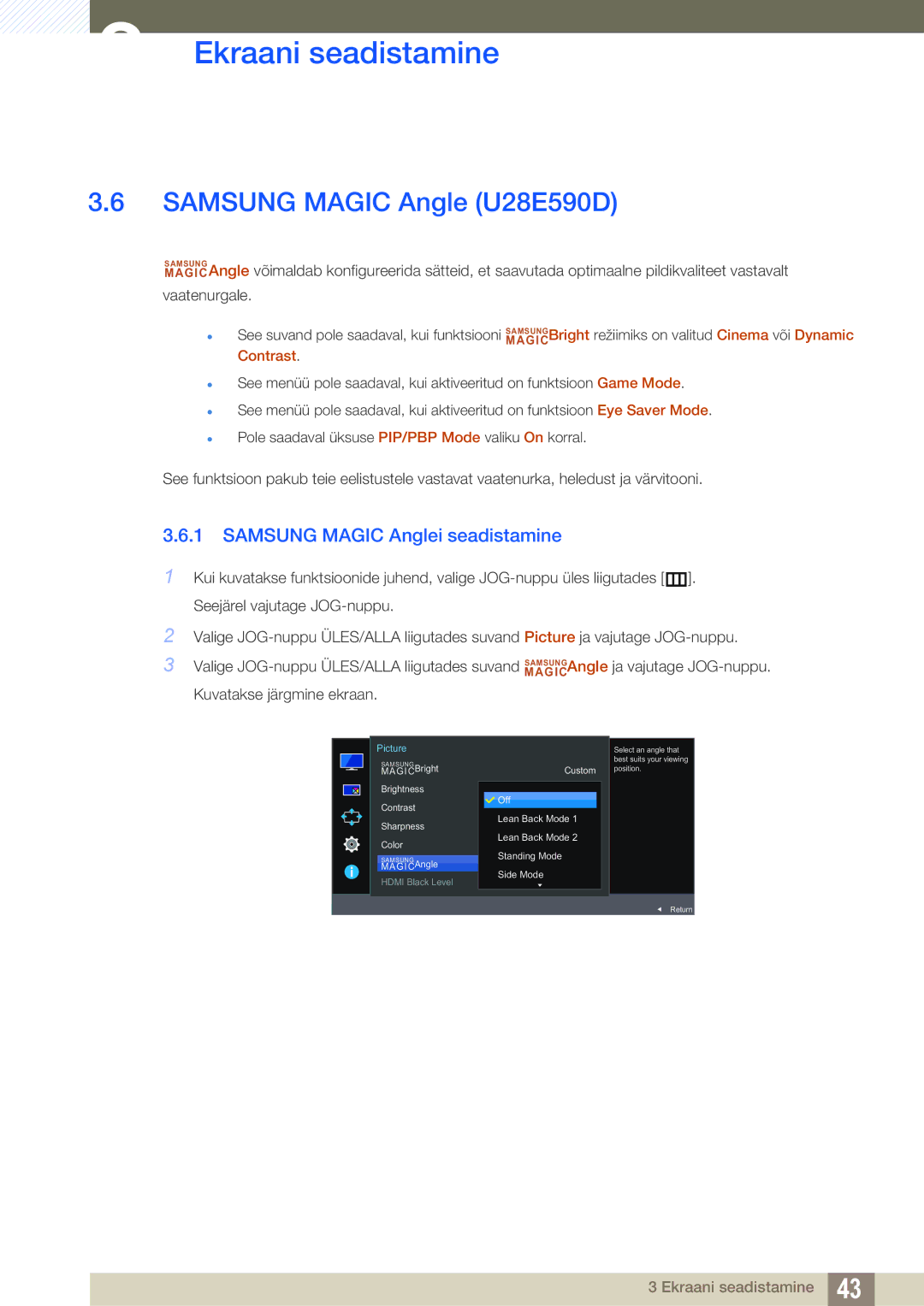 Samsung LU28E590DS/EN, LU24E590DS/EN manual Samsung Magic Angle U28E590D, Samsung Magic Anglei seadistamine 