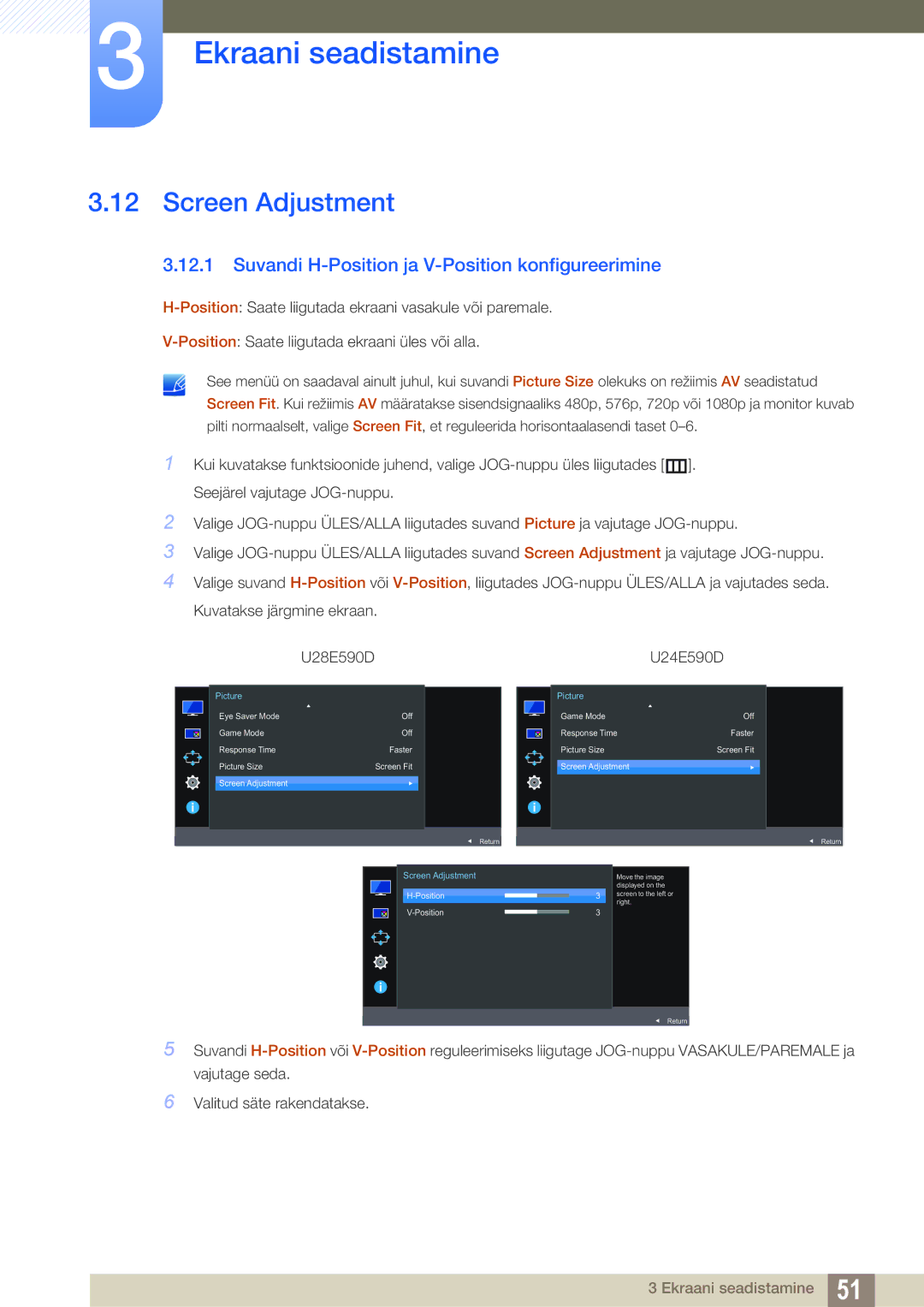 Samsung LU28E590DS/EN, LU24E590DS/EN manual Screen Adjustment, Suvandi H-Position ja V-Position konfigureerimine 