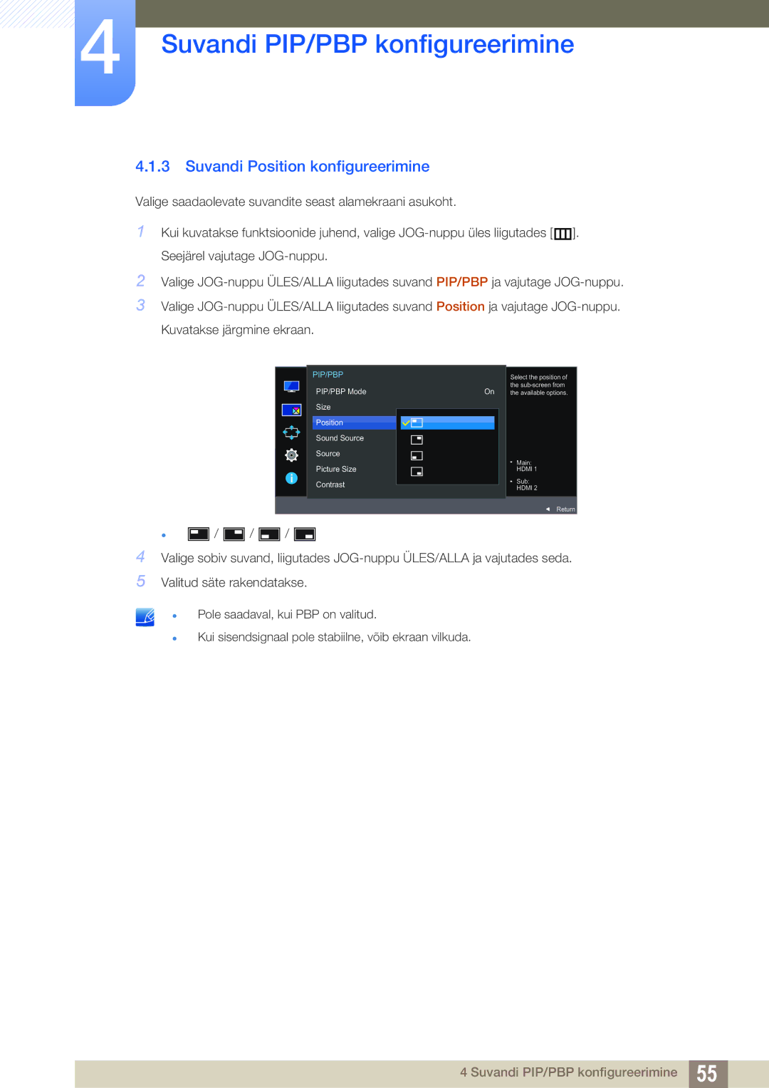 Samsung LU28E590DS/EN, LU24E590DS/EN manual Suvandi Position konfigureerimine 