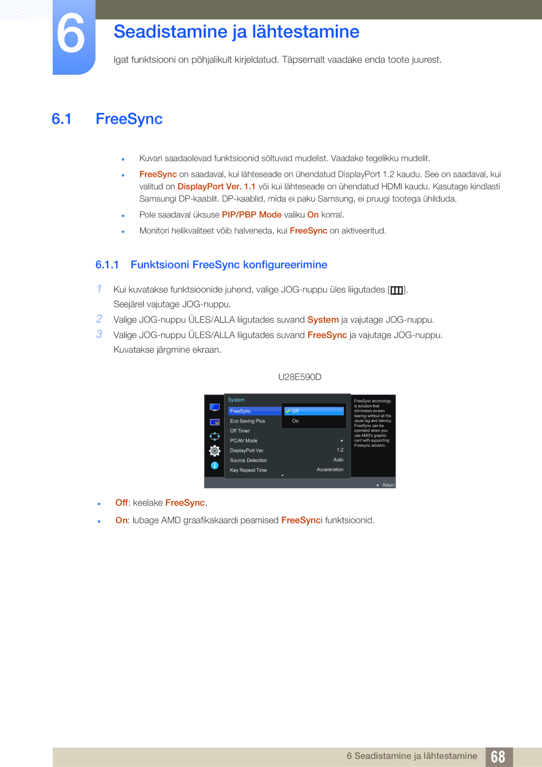 Samsung LU24E590DS/EN, LU28E590DS/EN manual Seadistamine ja lähtestamine, Funktsiooni FreeSync konfigureerimine 