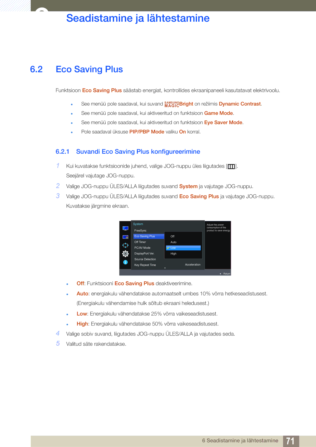 Samsung LU28E590DS/EN, LU24E590DS/EN manual Suvandi Eco Saving Plus konfigureerimine 