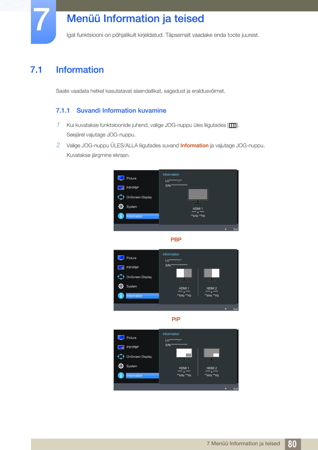 Samsung LU24E590DS/EN, LU28E590DS/EN manual Menüü Information ja teised, Suvandi Information kuvamine 