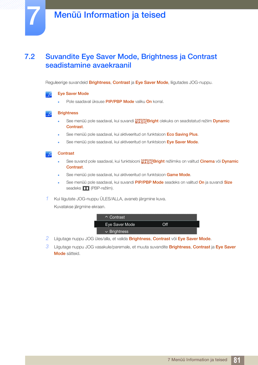 Samsung LU28E590DS/EN, LU24E590DS/EN manual Contrast Eye Saver Mode Off Brightness 