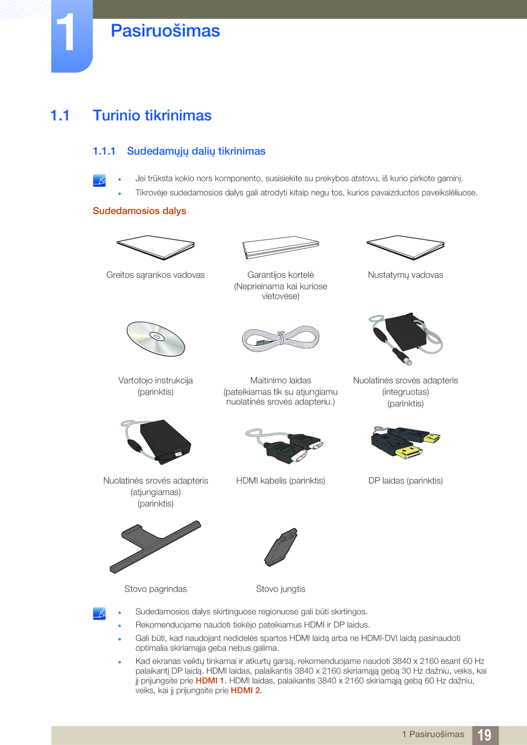 Samsung LU28E590DS/EN, LU24E590DS/EN manual Pasiruošimas, Turinio tikrinimas, Sudedamųjų dalių tikrinimas 