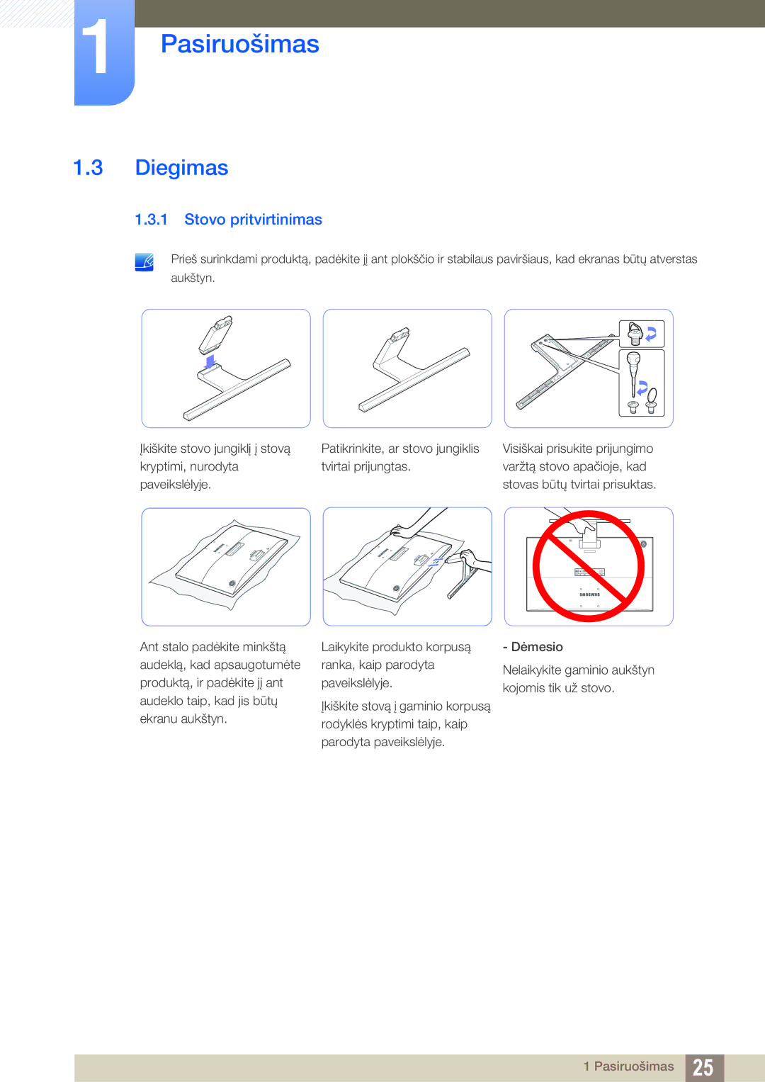 Samsung LU28E590DS/EN, LU24E590DS/EN manual Diegimas, Stovo pritvirtinimas 