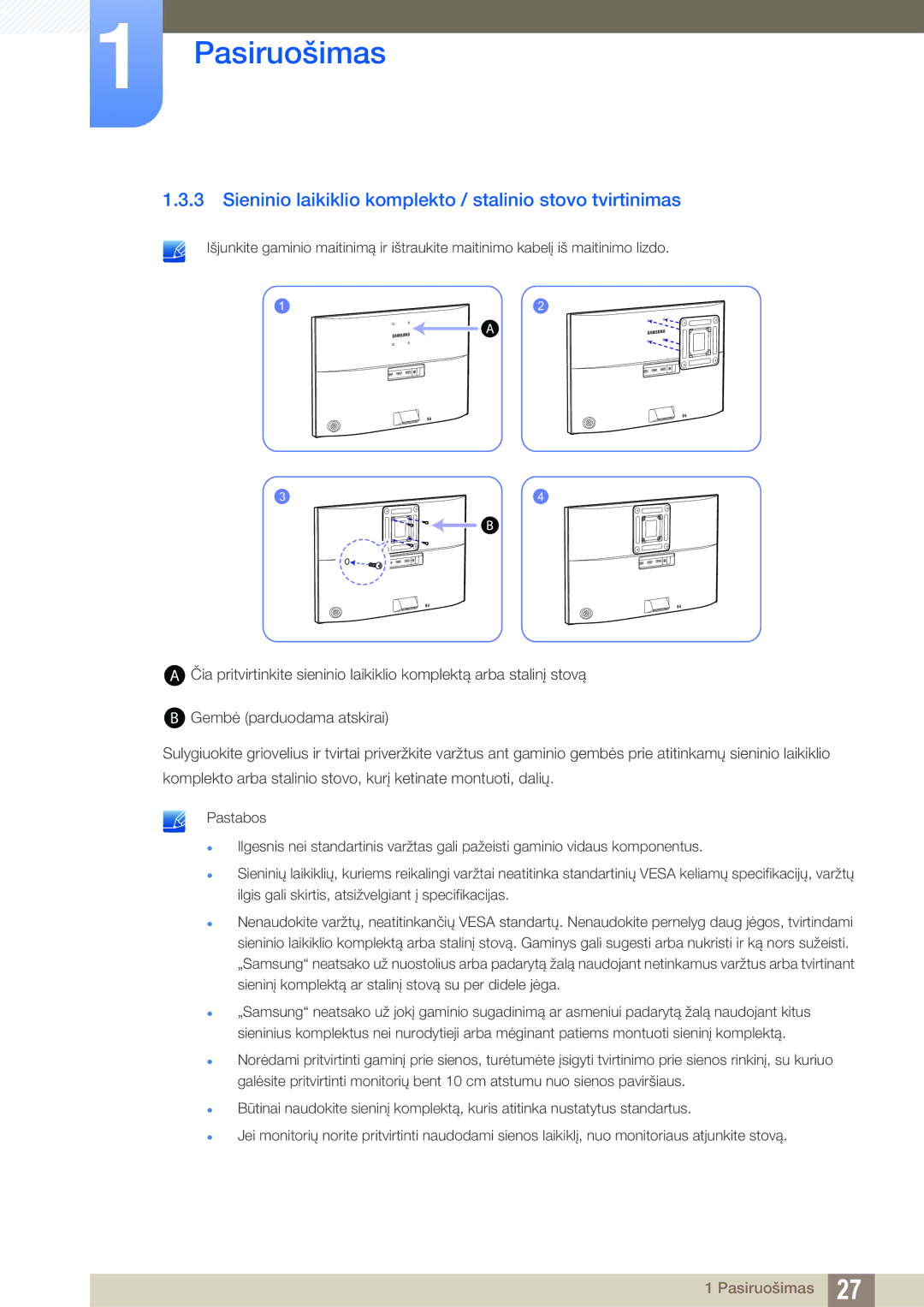 Samsung LU28E590DS/EN, LU24E590DS/EN manual Sieninio laikiklio komplekto / stalinio stovo tvirtinimas 