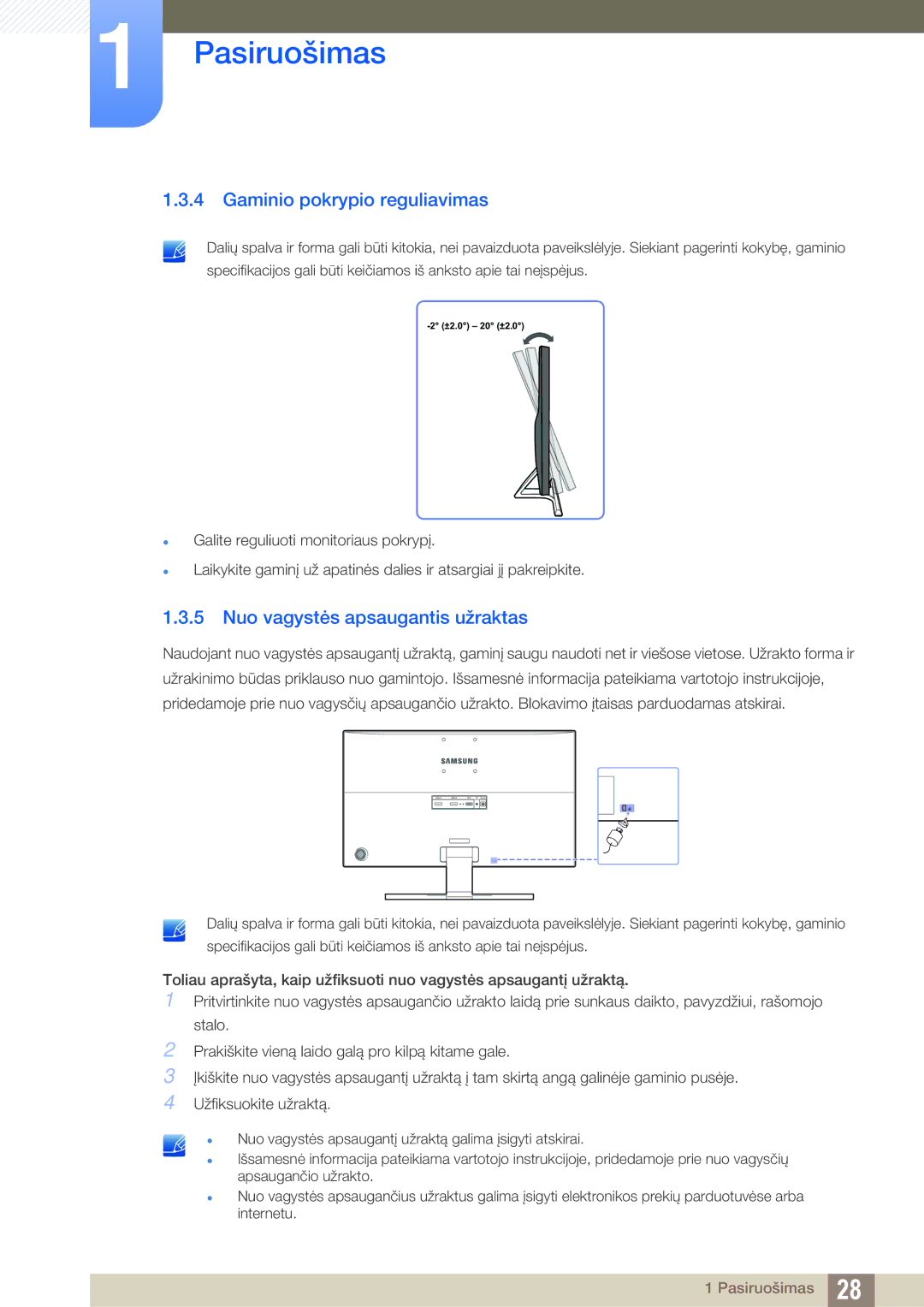 Samsung LU24E590DS/EN, LU28E590DS/EN manual Gaminio pokrypio reguliavimas, Nuo vagystės apsaugantis užraktas 