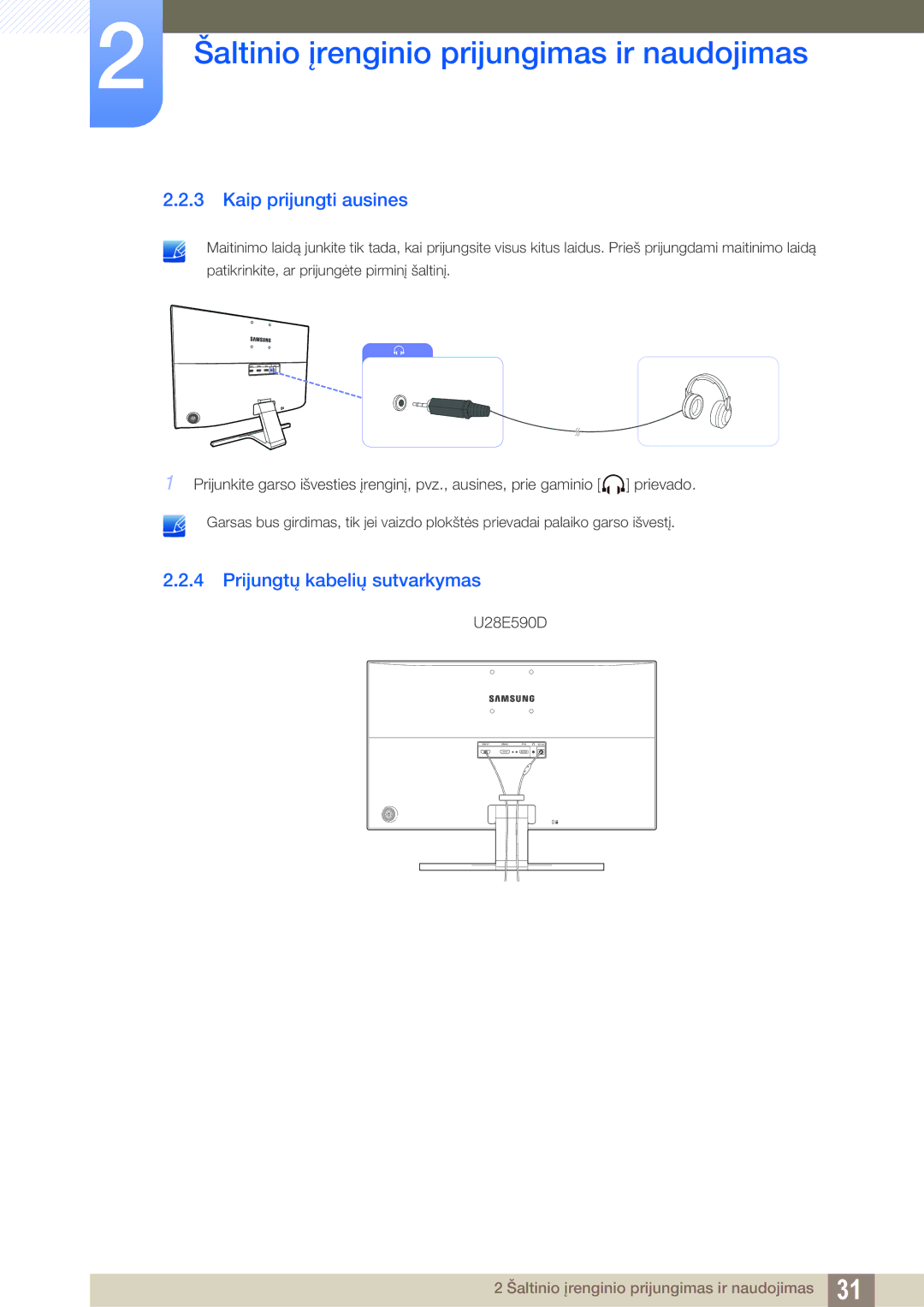 Samsung LU28E590DS/EN, LU24E590DS/EN manual Kaip prijungti ausines, Prijungtų kabelių sutvarkymas 