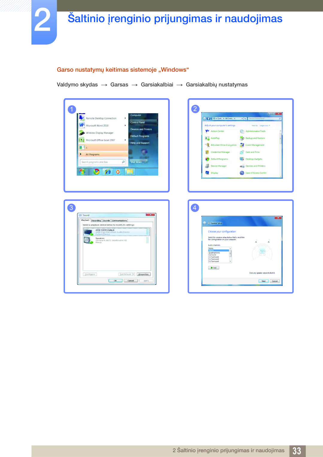 Samsung LU28E590DS/EN, LU24E590DS/EN manual Garso nustatymų keitimas sistemoje „Windows 